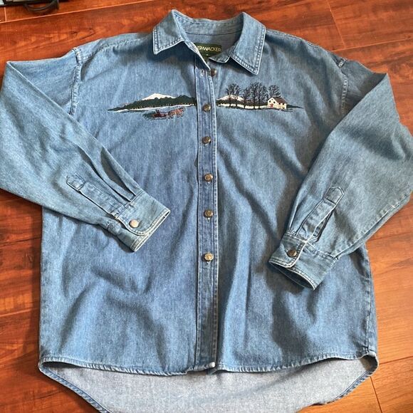 Bushwacker Denim Embroidered Shirt Winter Scene Size Medium - Picture 11 of 14